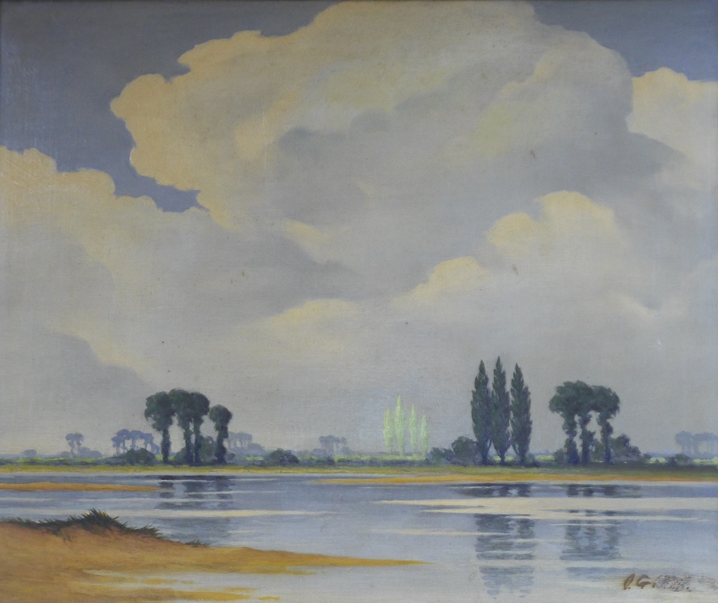 Manner of Pierre de Clausade (French, 1910-1975), oil on canvas, Riverscape with trees, indistinctly signed lower right, 49 x 59cm, ornately framed. Condition - fair